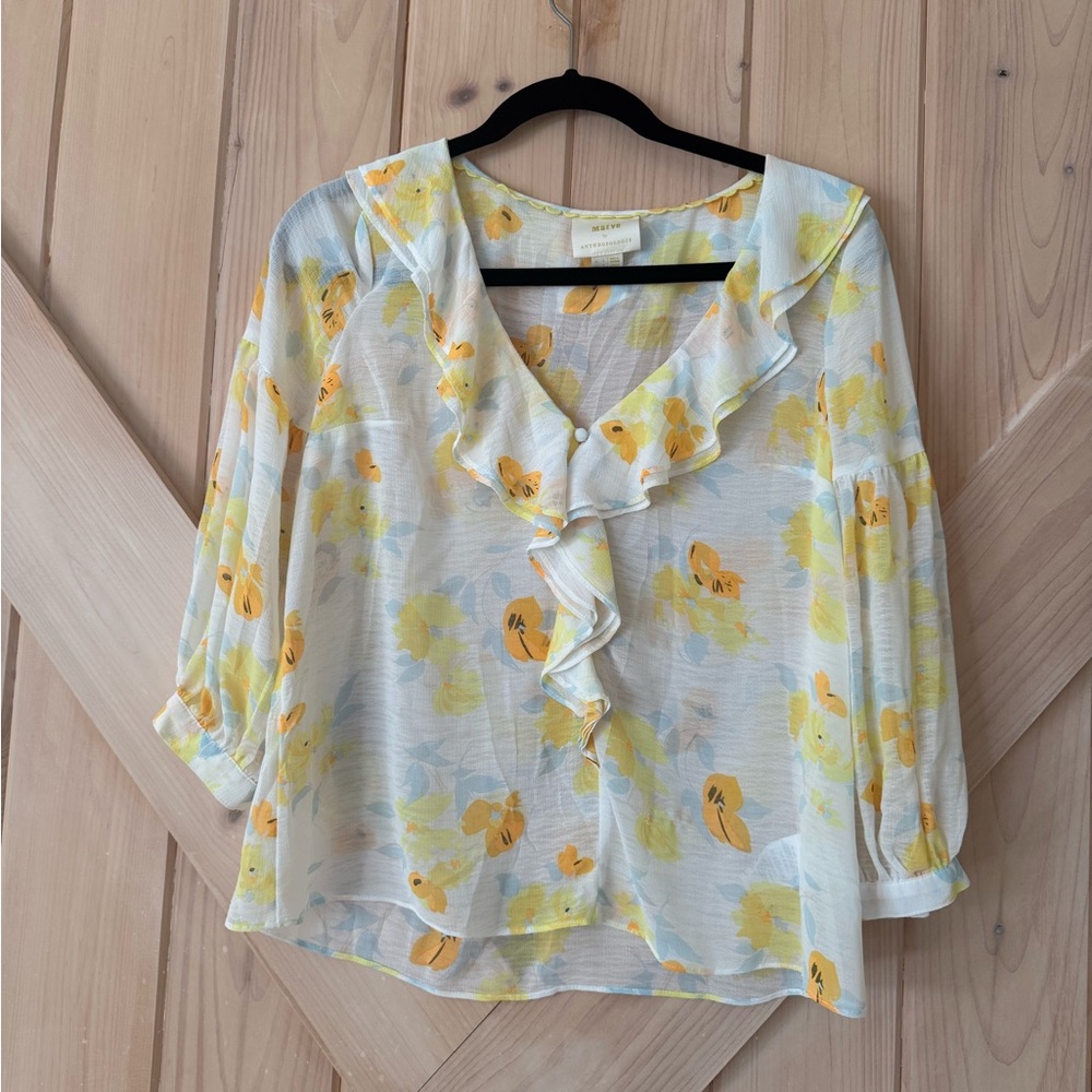 Anthropologie Yellow Floral Ruffle V-Neck Blouse